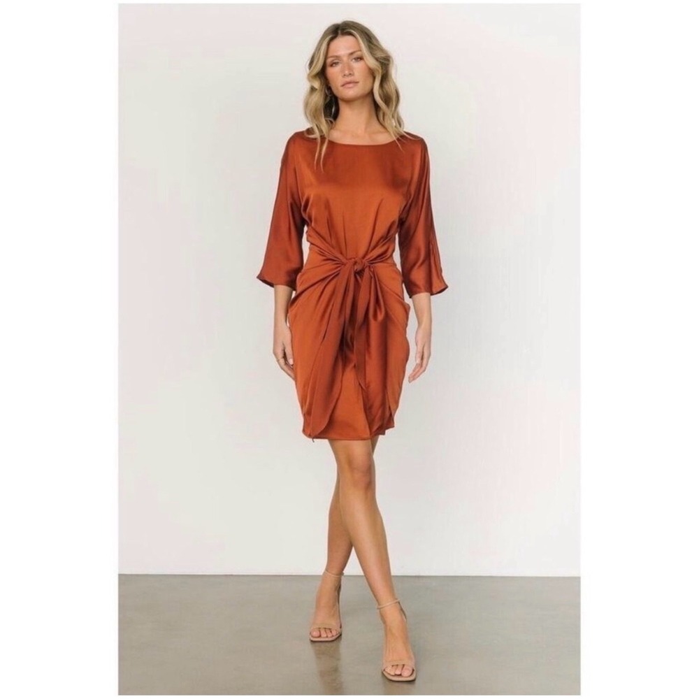 New NWT Baltic Born Theo Tie Front 3/4 Sleeve Satin Copper Rust Mini Dress - M